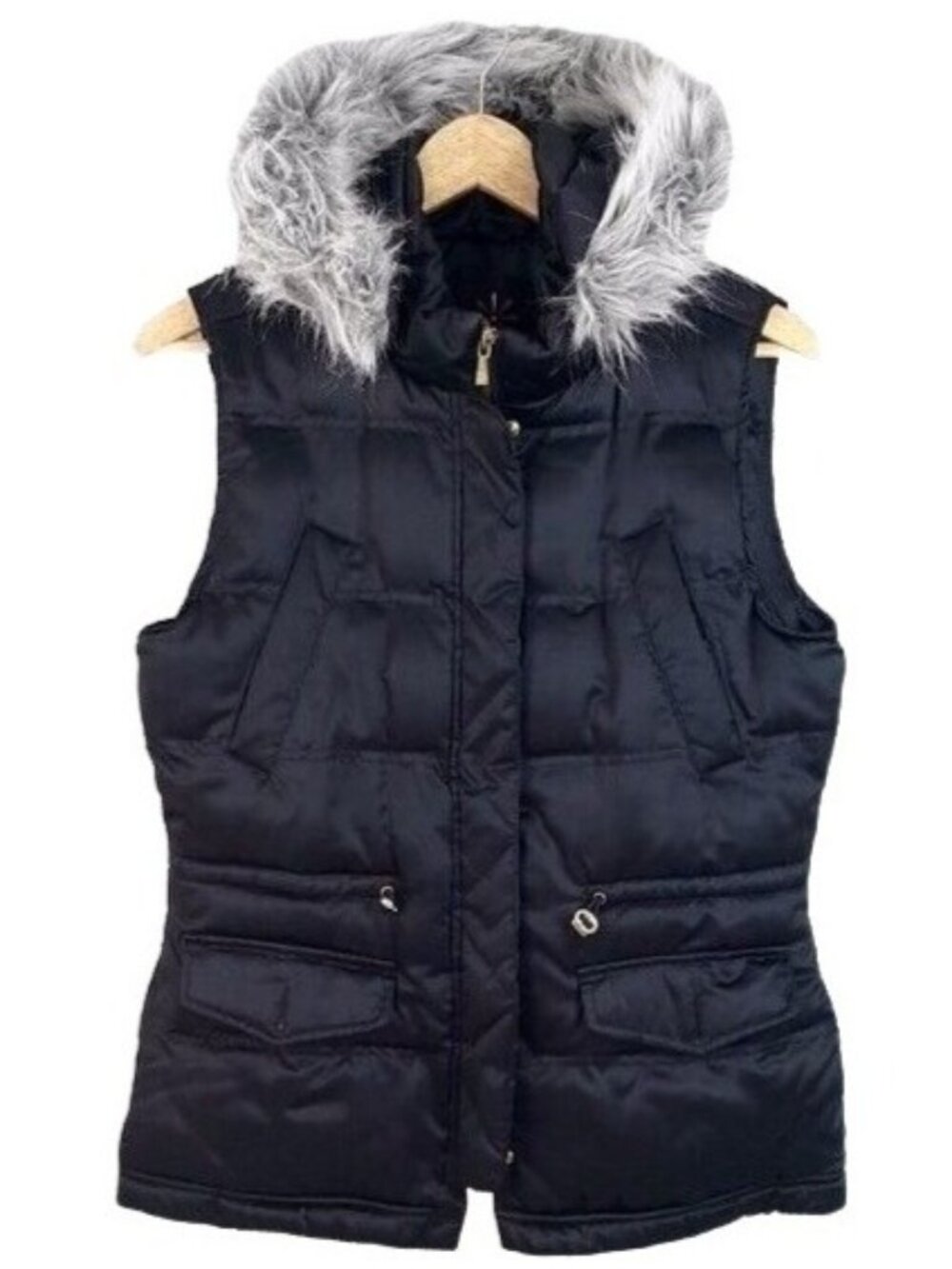 Isaac Mizrahi Live QVC Women Puffer Vest Black XS Faux-Fur Trim Cinch Waist Hood